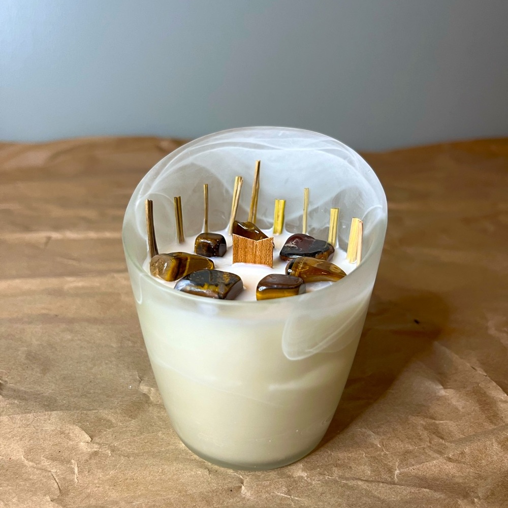 Handmade Soy Wax Candle Bergamot Scented with Crystals and Herbs Antique Jar